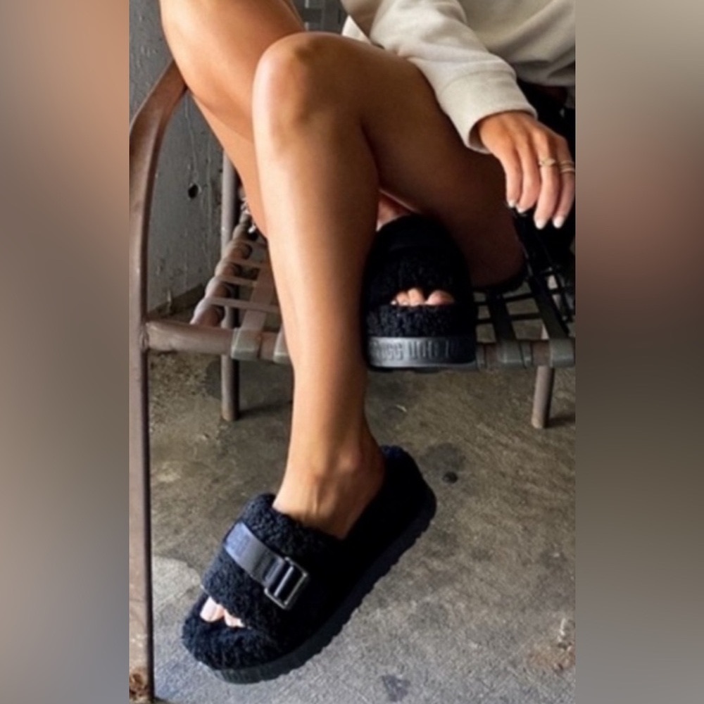 🔥 UGG Fluffita Black Sherpa Platform Slides Clogs Slipper 9